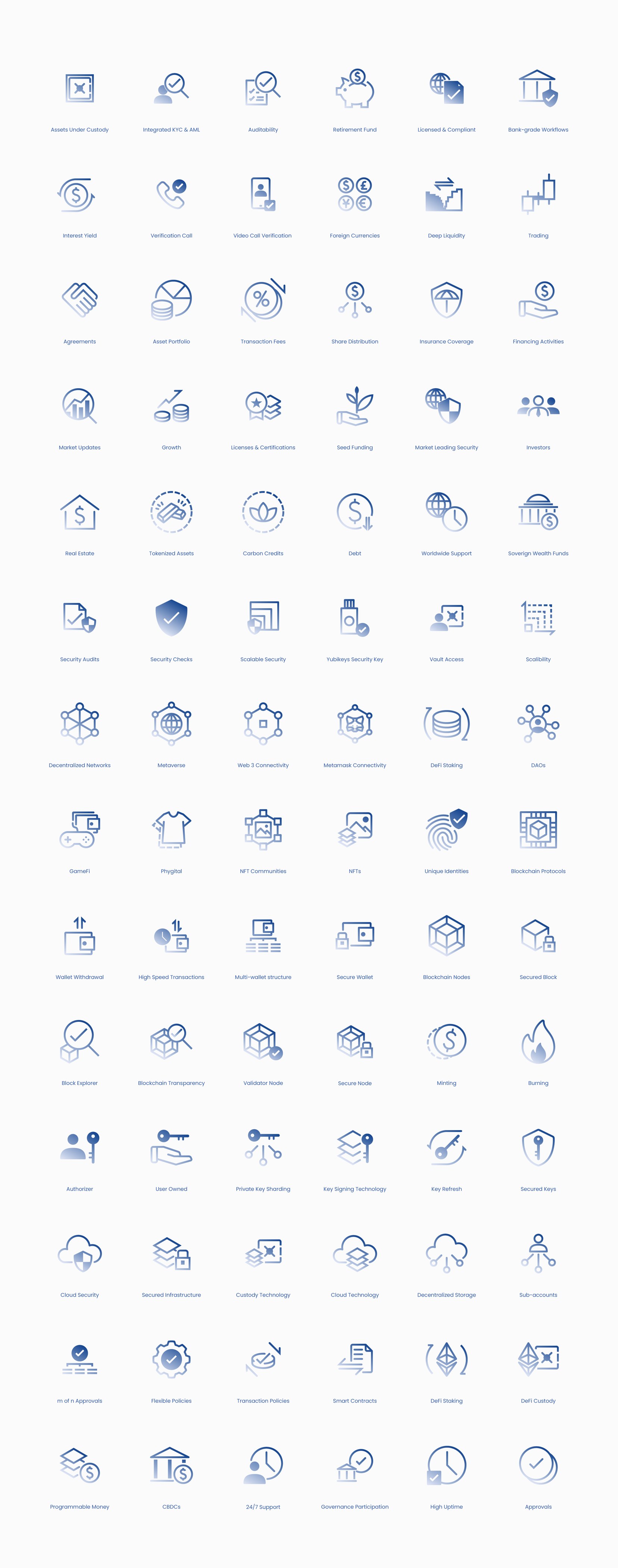 Finance & Blockchain Icons: Sheet of 84 Icons, on Pale Blue